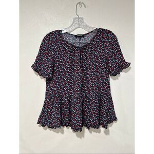 Madewell Women’s Small Black Red Floral Peplum Short Sleeve Ruffle Hem Blouse